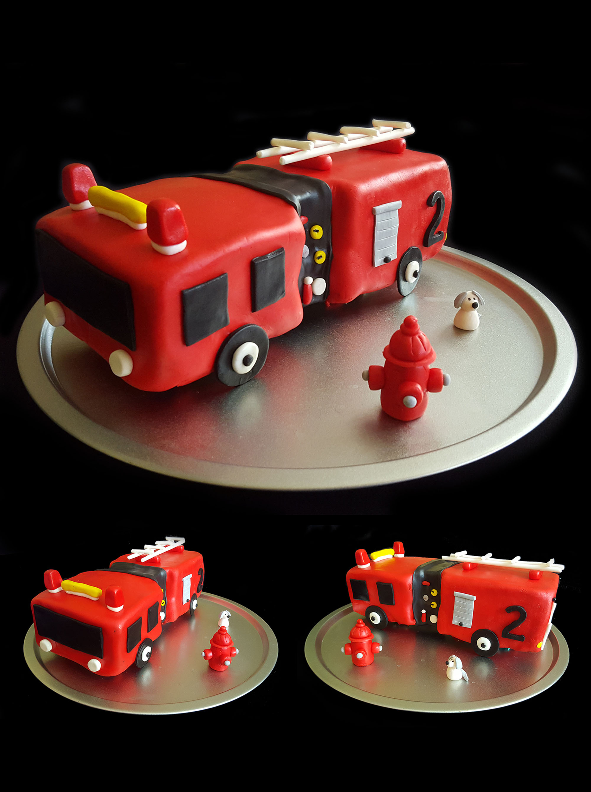 birthday cake in the shape of a red firetruck with details and a little dog