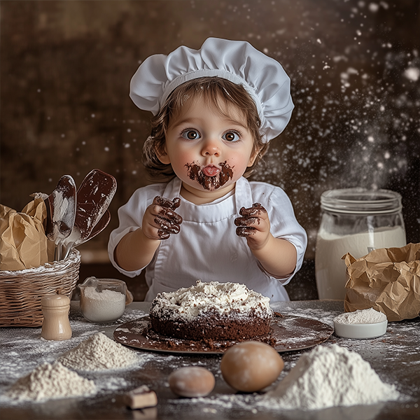 portrait photo of cute toddler baker making a mess in the kitchen