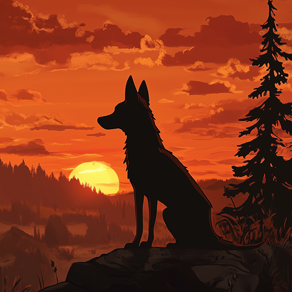 Thumbnail showing a cartoon drawing of a dingo at sunset 